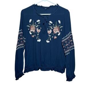 American Eagle Embroidered Peasant Blouse Navy Floral Embroidery Women’s Medium